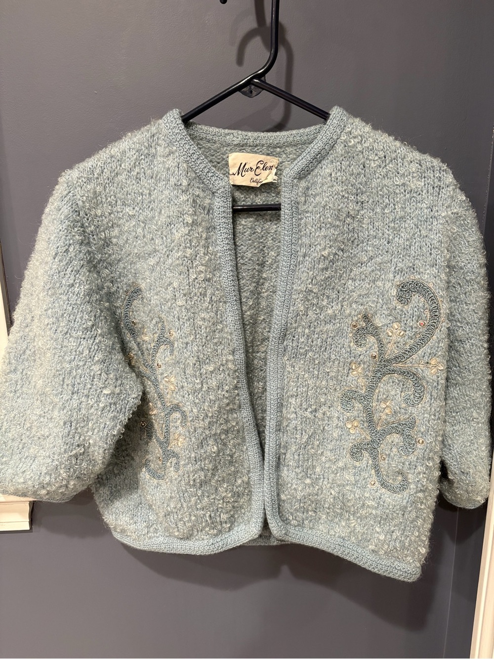 Vintage Light Blue Embroidered Bouclé Cardigan
